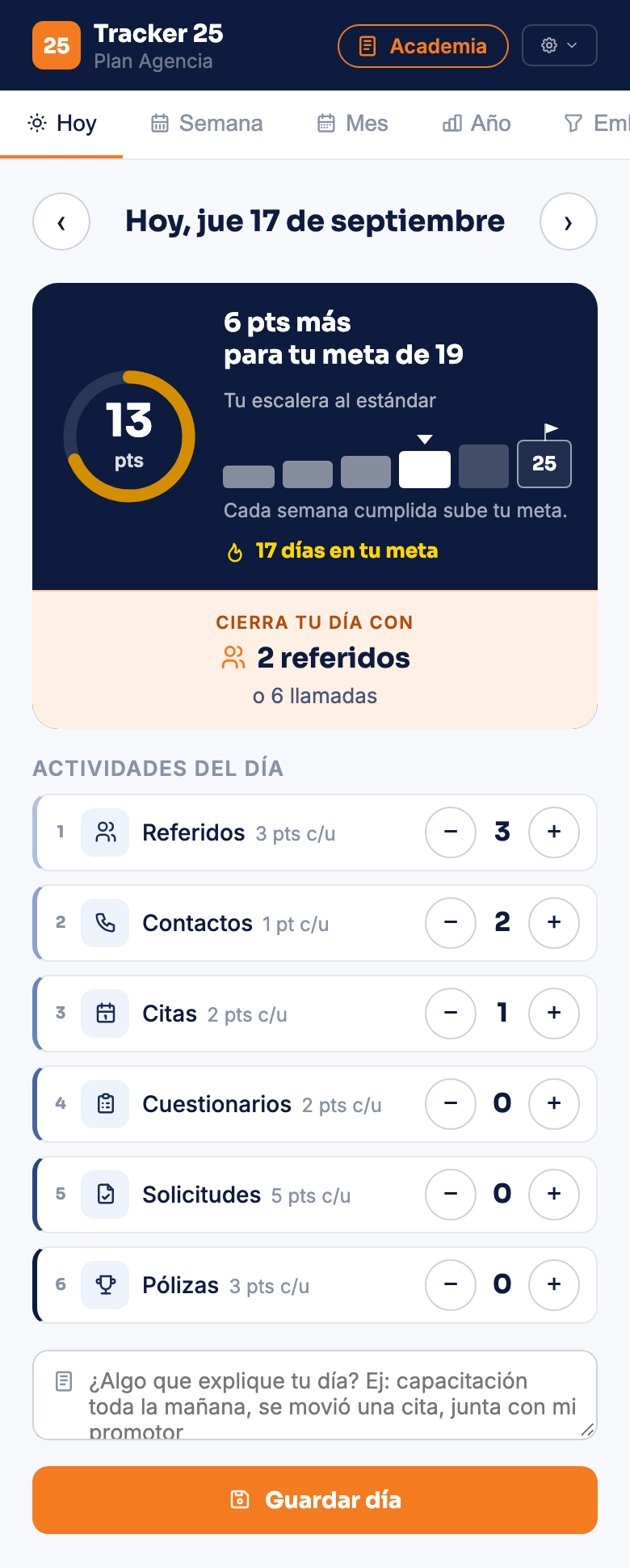 Pantalla Hoy con la tarjeta de la meta, los seis contadores de actividad, la nota del día y el botón Guardar día